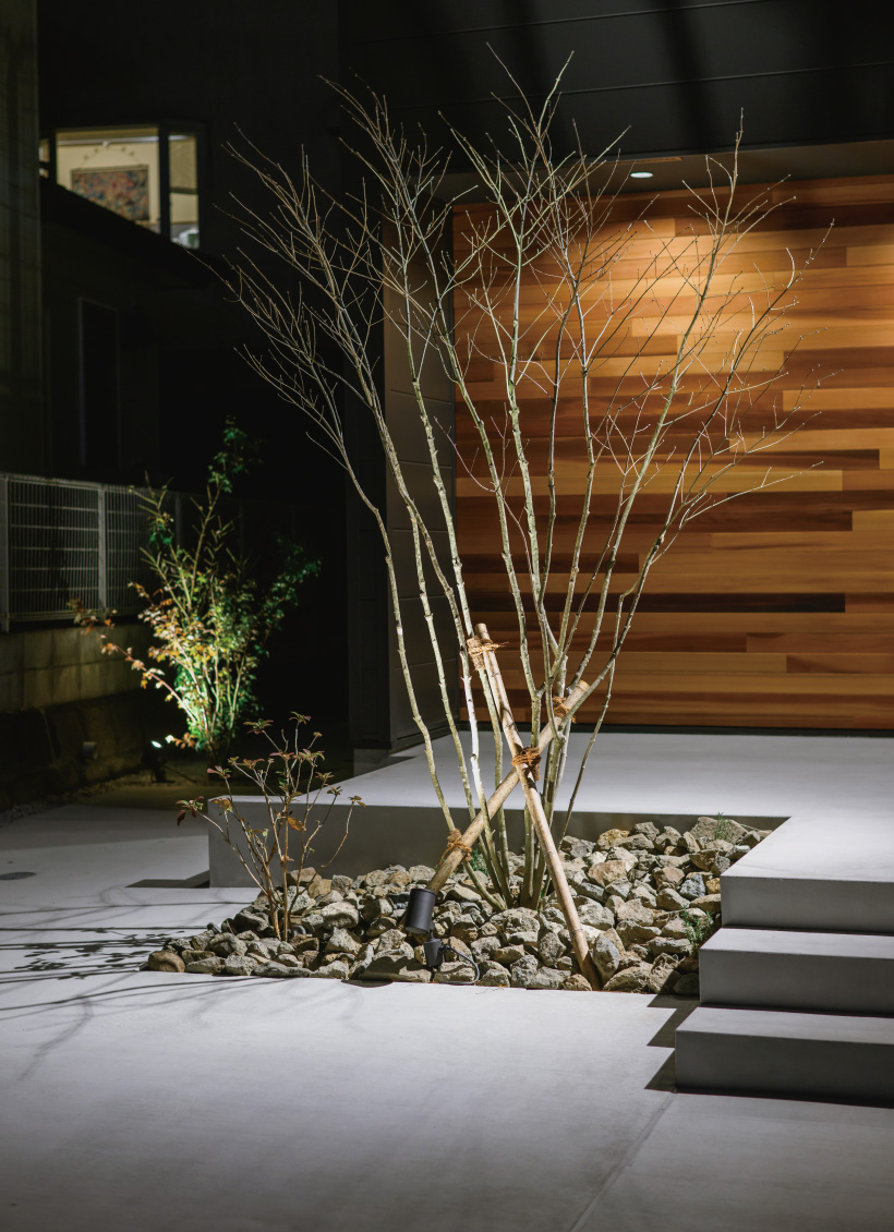 道路側に広がる表庭と植栽。街と繋がる外構デザイン